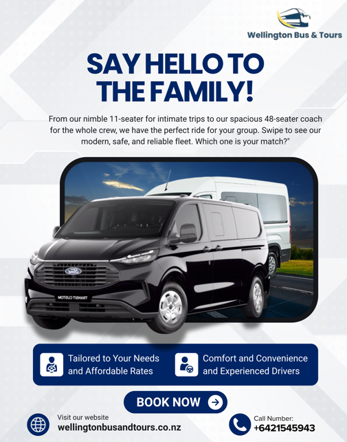 Say Hello to the Family – From Our Nimble 11-Seater to Our Spacious 48-Seater Coaches